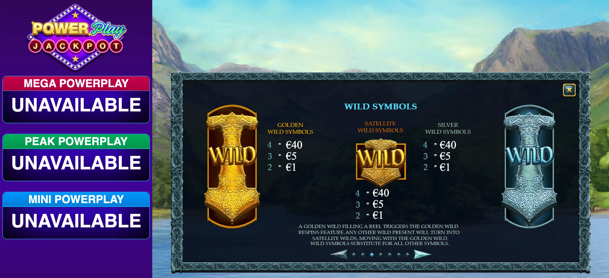 Storms of Ice slot rules panel featuring ornate golden, satellite, and silver wild symbols with euro payouts against a mountainous Nordic landscape.