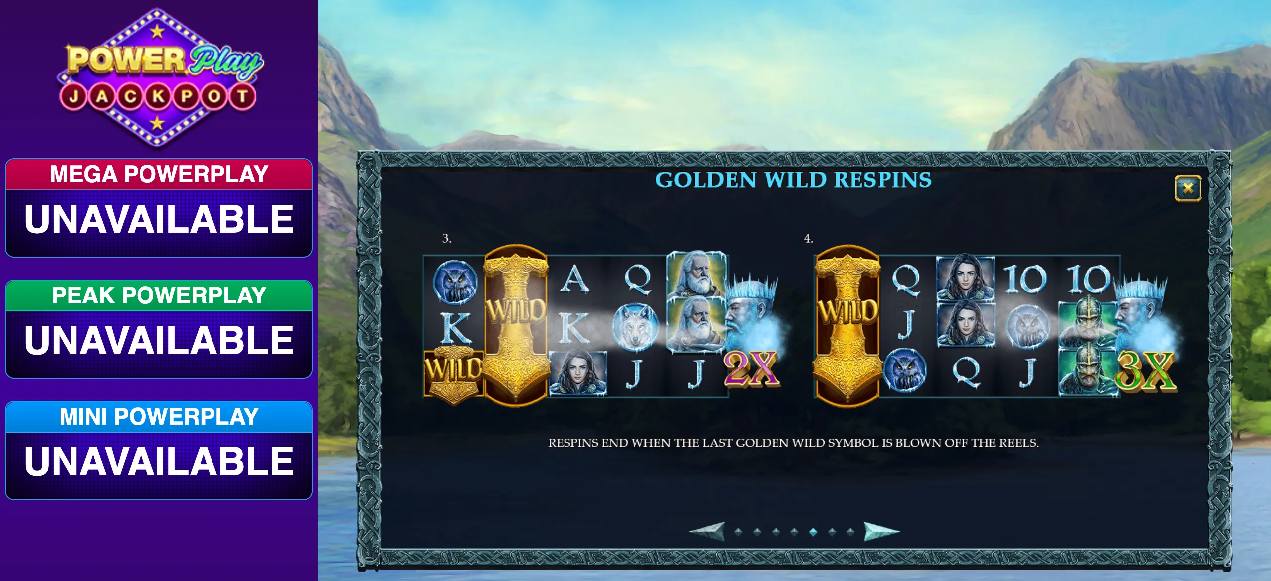 Stormy ice-covered mountains frame a Viking-themed slot interface with golden wild symbols, icy character portraits, wolves, runes, and multiplier values.