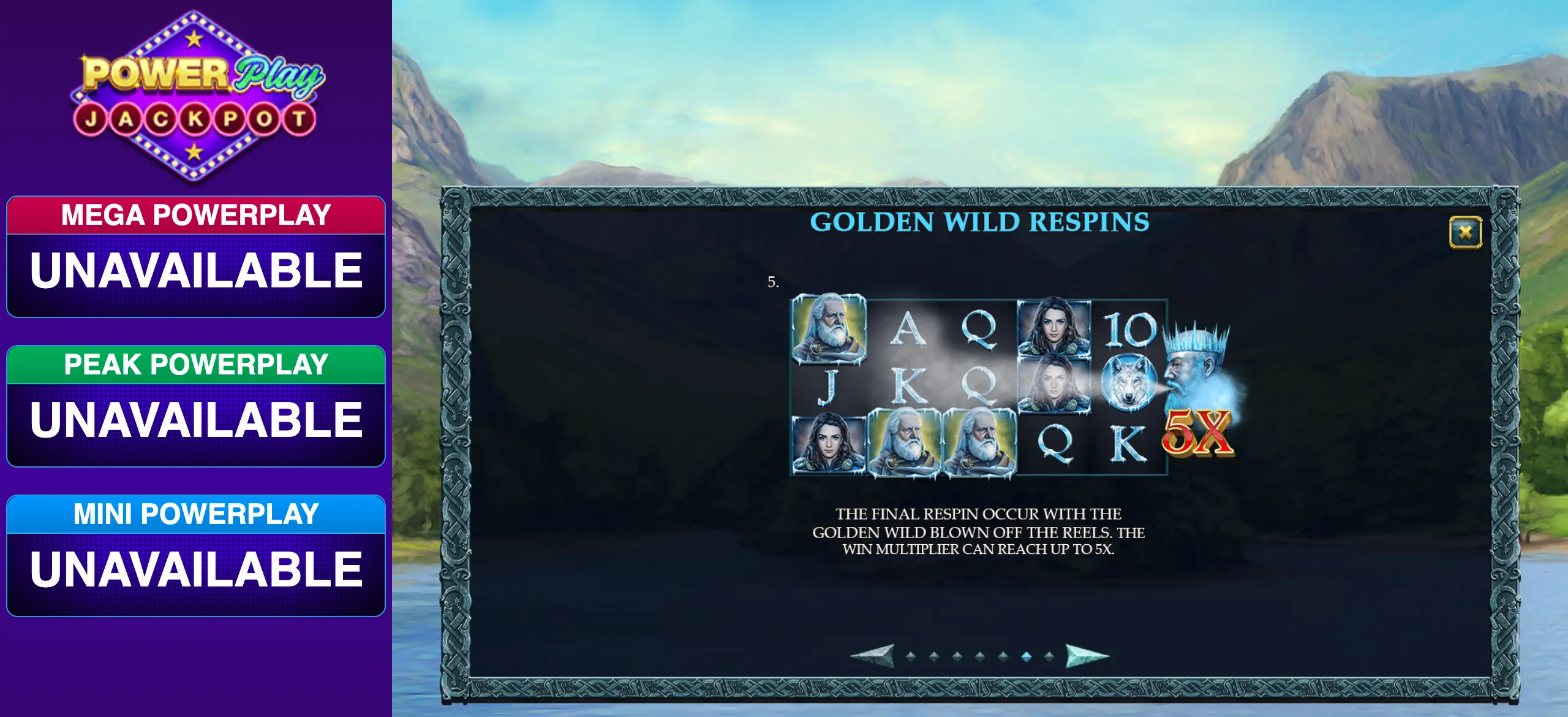 Ice-themed slot feature guide with frosty character symbols, a frozen mountain backdrop, and a Golden Wild Respins panel displaying a 5x multiplier.