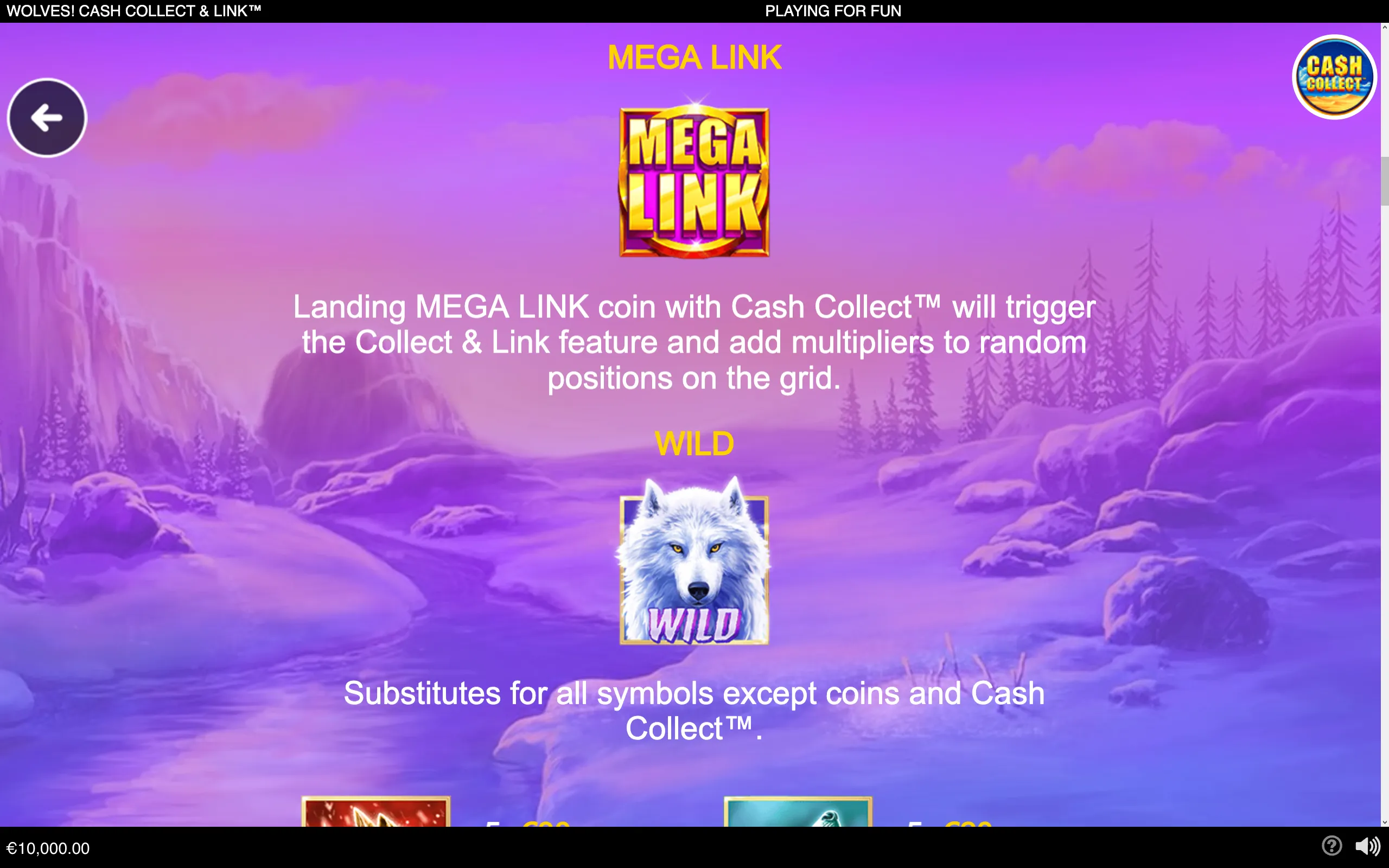 A white wolf Wild symbol and Mega Link emblem appear over a purple mountain valley with pine trees and rocky terrain.