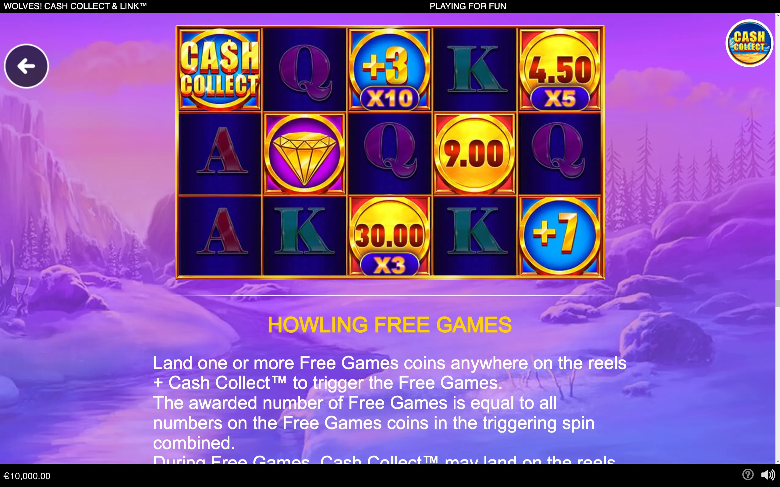 Wolves! Cash Collect & Link slot reels display cash collect coins, multipliers, card symbols, and a diamond against a purple mountain wilderness backdrop.