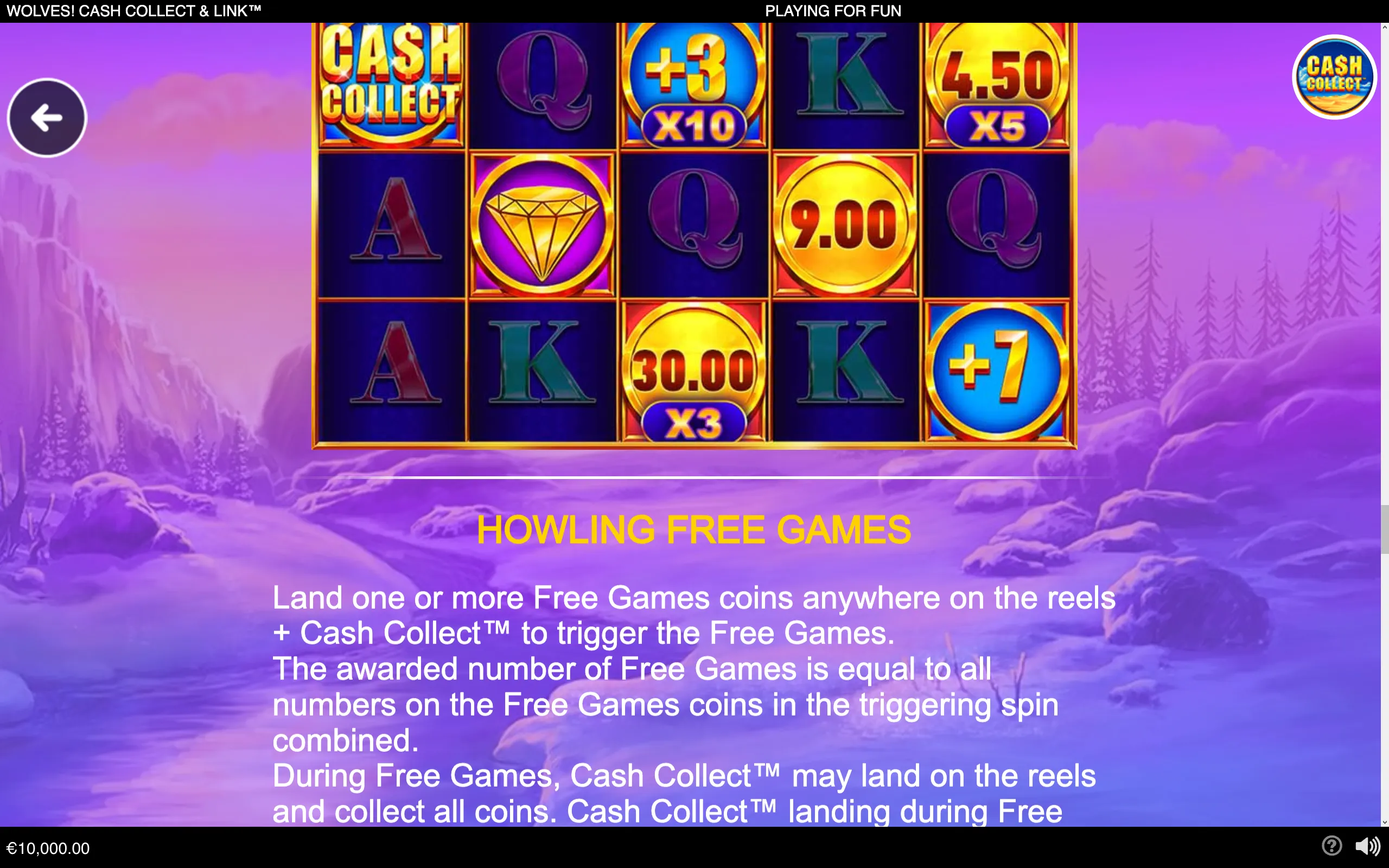 Wolves! Cash Collect & Link slot interface with dark reels, cash-value coins, multiplier symbols, and a purple mountainous forest landscape.