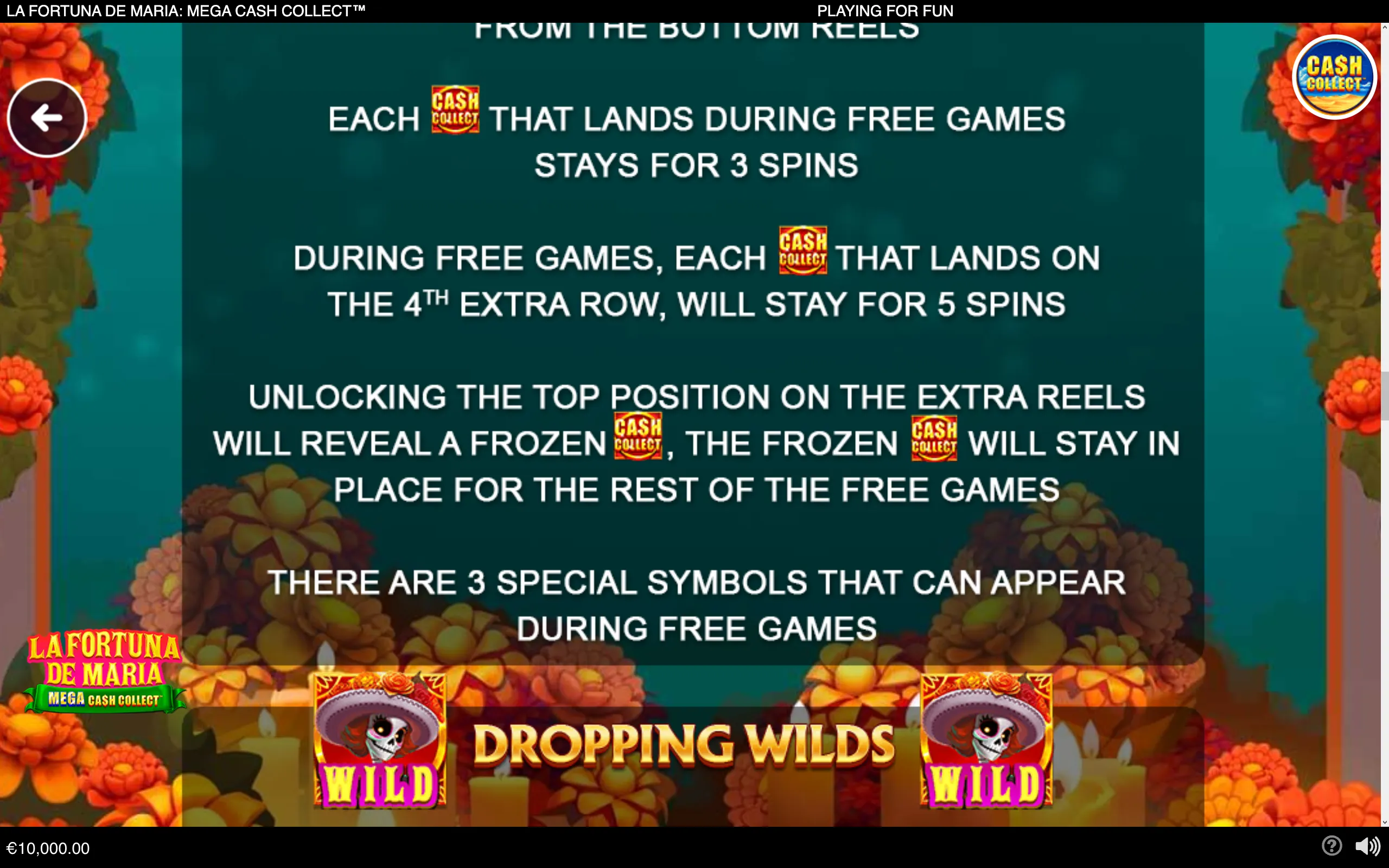 La Fortuna de Maria: Mega Cash Collect feature guide with Cash Collect icons, dropping wild symbols, a colorful floral backdrop, and a Día de los Muertos-inspired skull character.