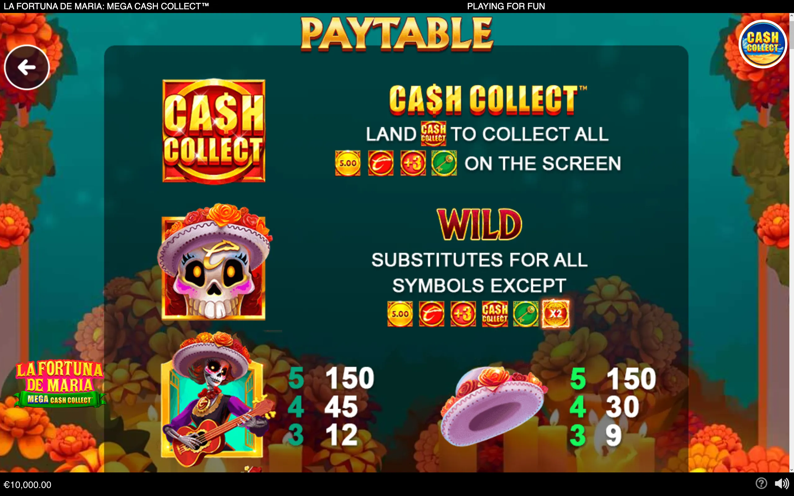 La Fortuna de Maria: Mega Cash Collect paytable featuring colorful sugar-skull characters, a mariachi skeleton, sombreros, Cash Collect icons, and marigold flowers.