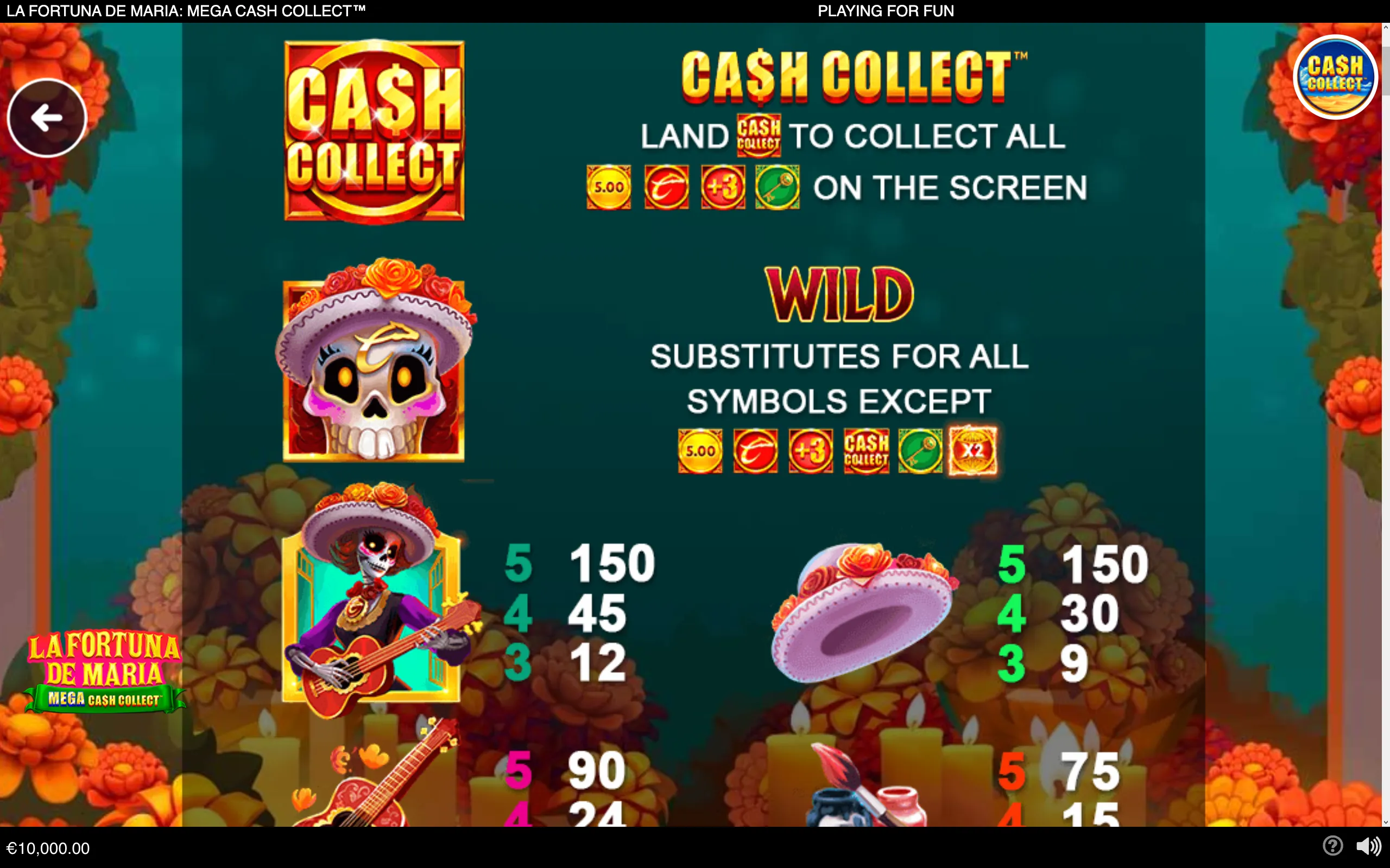 La Fortuna de Maria: Mega Cash Collect slot artwork featuring colorful sugar skull characters, marigold flowers, candles, guitars, and Cash Collect and Wild symbol rules.