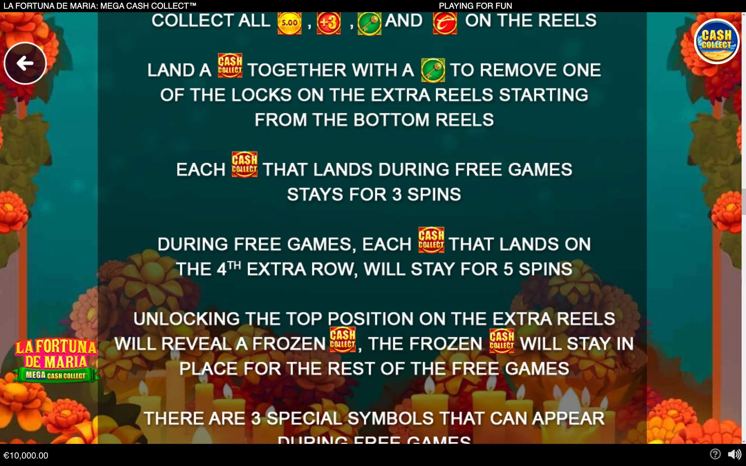 La Fortuna de Maria: Mega Cash Collect rules panel with Cash Collect symbols, locked extra reels, free-game spin durations, and floral candle decorations.