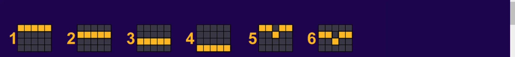 Numbered slot paylines display six highlighted symbol paths across a five-reel grid on a dark purple background.