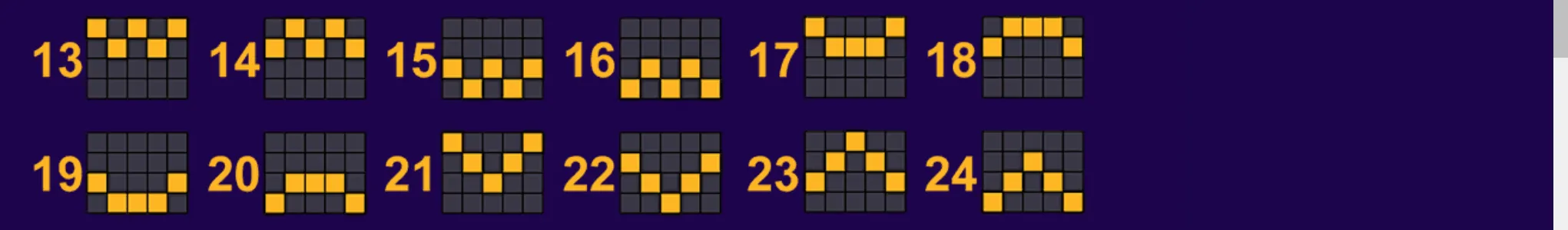 Numbered 5x5 grid patterns from 13 to 24, with yellow squares marking active positions against a dark purple backdrop.
