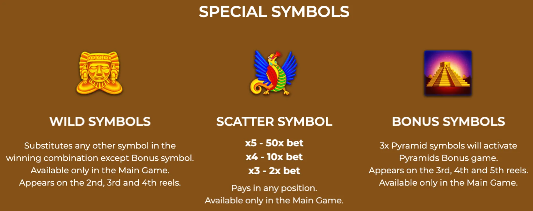 Special symbols in the Pyramids slot game including Wild, Scatter, and Bonus symbols with their respective roles and payouts.