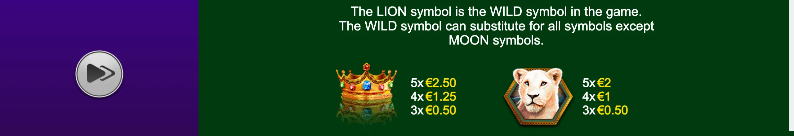 Full Moon: White King PowerPlay Jackpot symbol guide featuring a jeweled crown and white lion on a dark green panel, with Wild substitution rules and payouts.