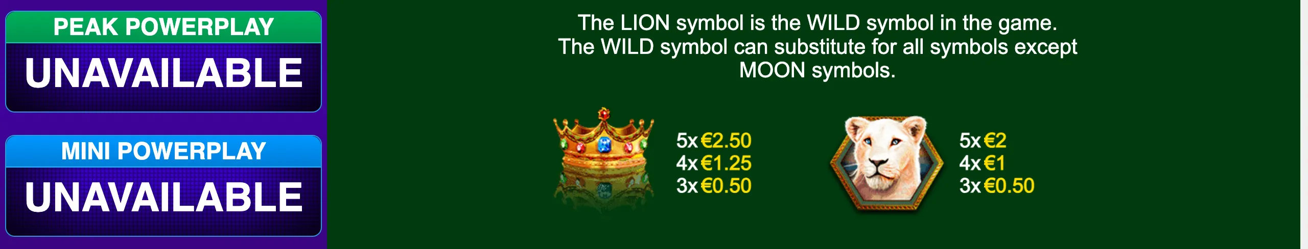 Slot rules panel for Full Moon: White King PowerPlay Jackpot featuring a crowned king symbol, a white lion Wild symbol, euro payouts, and unavailable Peak and Mini PowerPlay indicators.