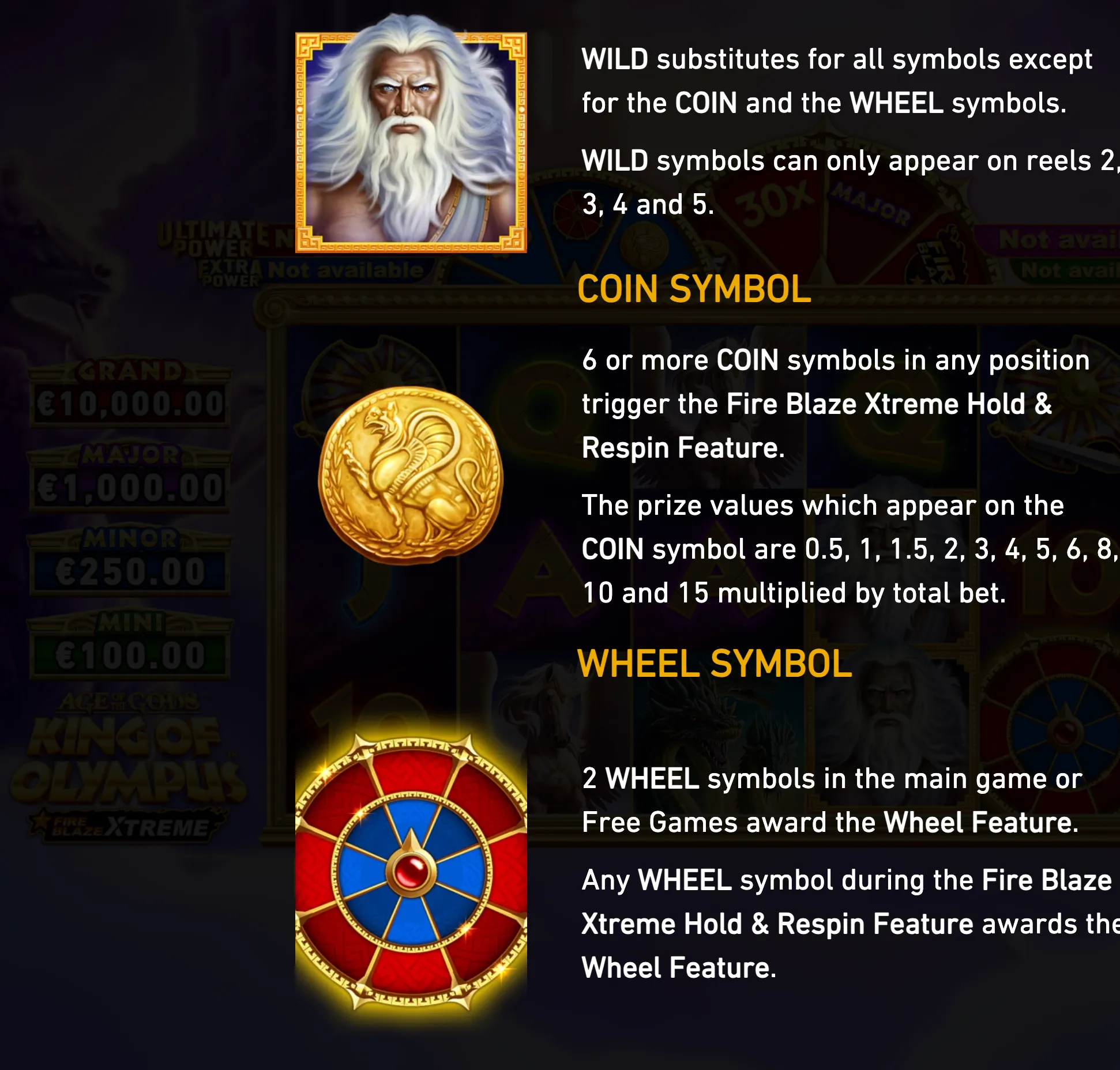 Greek-themed Age of the Gods slot artwork featuring Zeus, a golden coin symbol, and a glowing red-and-blue Wheel symbol over a dark reel backdrop with feature explanations.