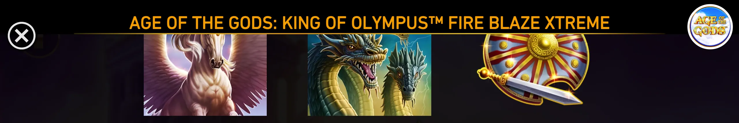 Age of the Gods: King of Olympus Fire Blaze Xtreme slot artwork featuring a winged Pegasus, a multi-headed Hydra, and a Greek shield with sword.