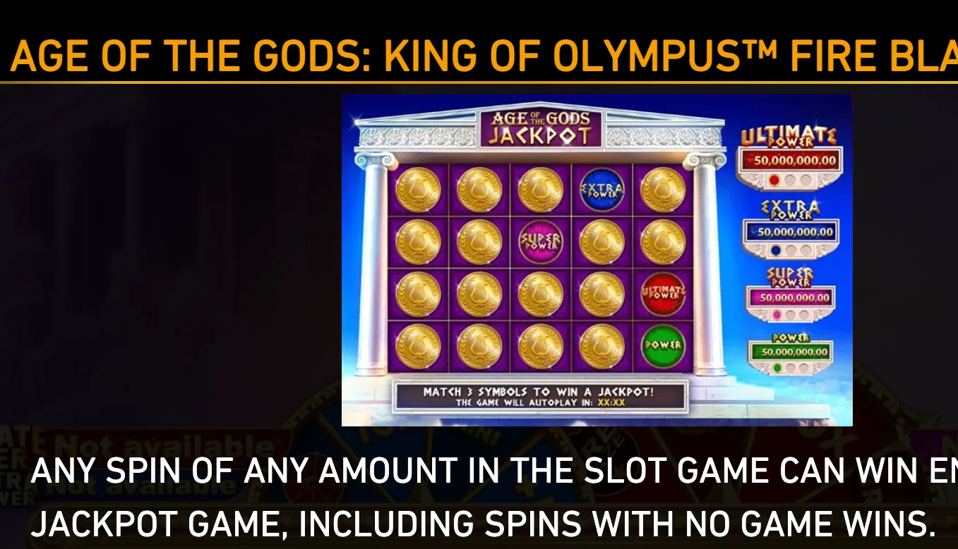Greek mythology-themed Age of the Gods jackpot feature with golden medallion symbols, purple reels, marble columns, and Power, Super Power, Extra Power, and Ultimate Power jackpot tiers.