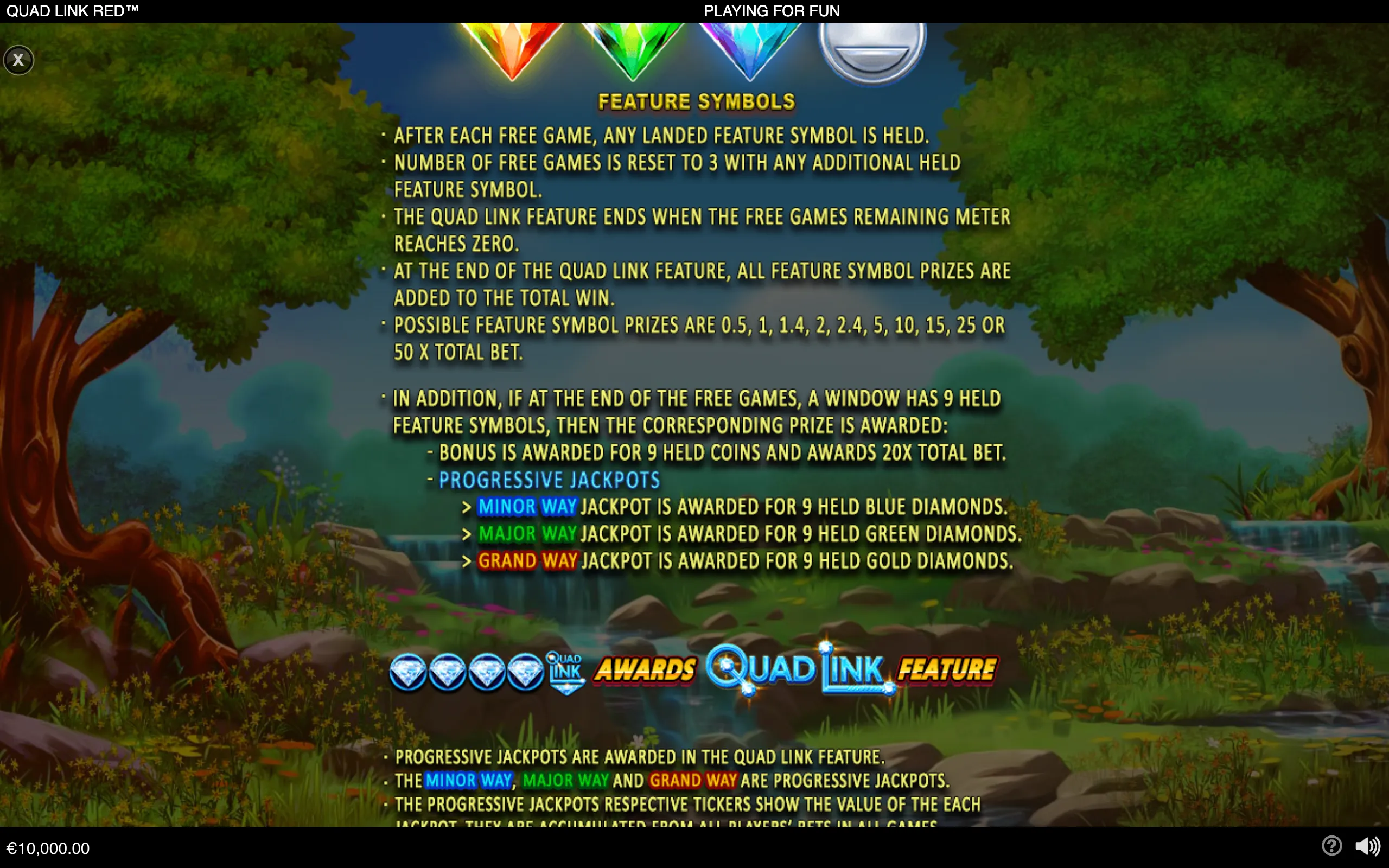 Quad Link Red feature guide with diamond symbols, jackpot rules, and a colorful forest waterfall backdrop.