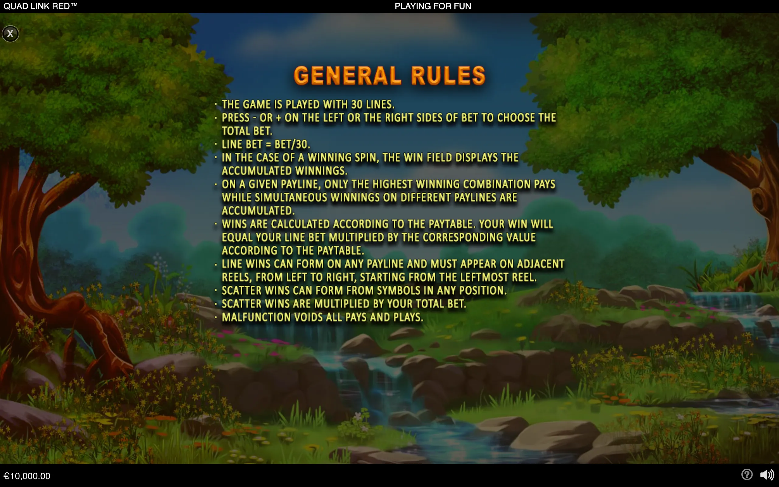 Quad Link Red general rules panel over a lush forest landscape with trees, rocks, wildflowers, and a flowing stream.