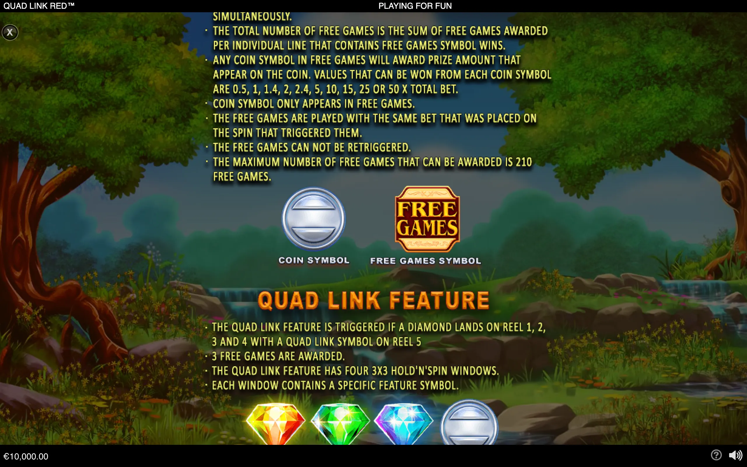 Quad Link Red feature guide over a lush forest stream, detailing free games, coin values, and the Quad Link feature with colorful diamond symbols.