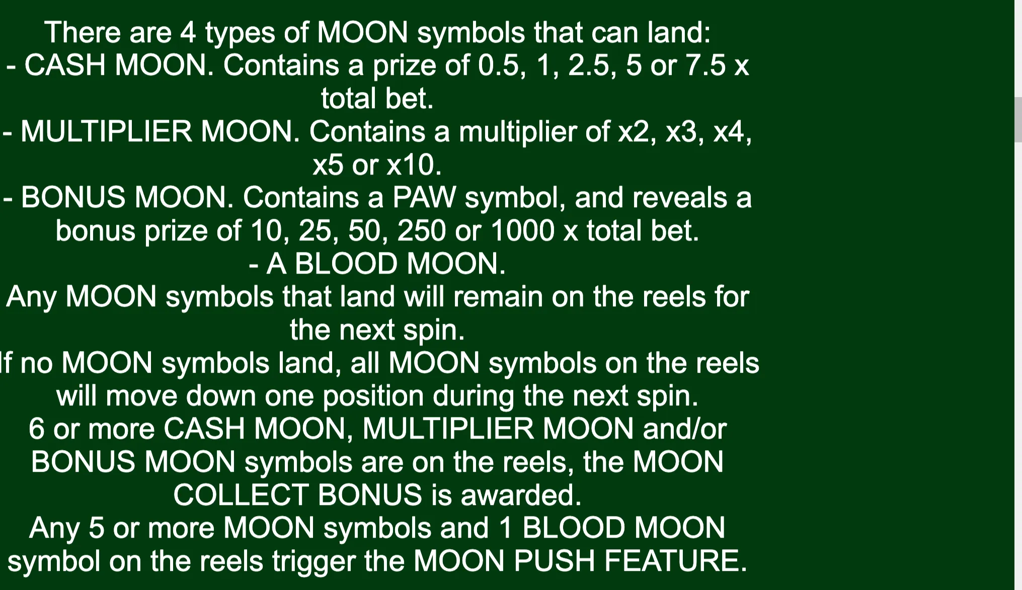 White instructional text on a dark green backdrop explains Cash Moon, Multiplier Moon, Bonus Moon, and Blood Moon symbols in the Full Moon: White King slot.