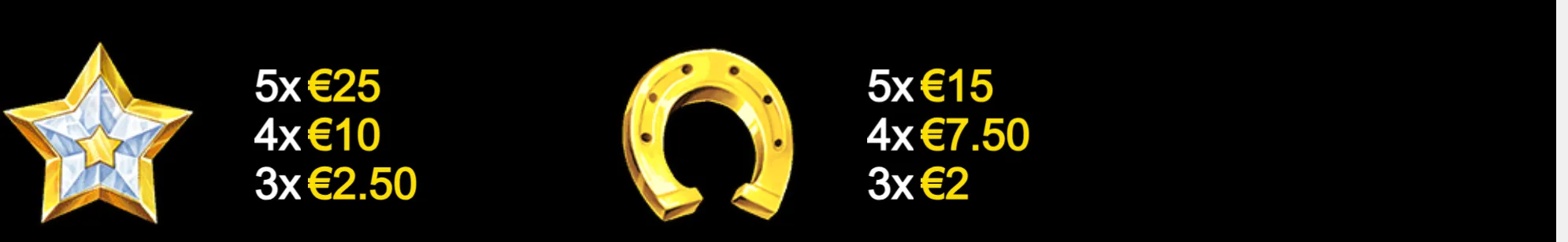 A diamond-studded star and golden horseshoe are displayed against a black backdrop beside euro payout tables for matching three, four, or five symbols.