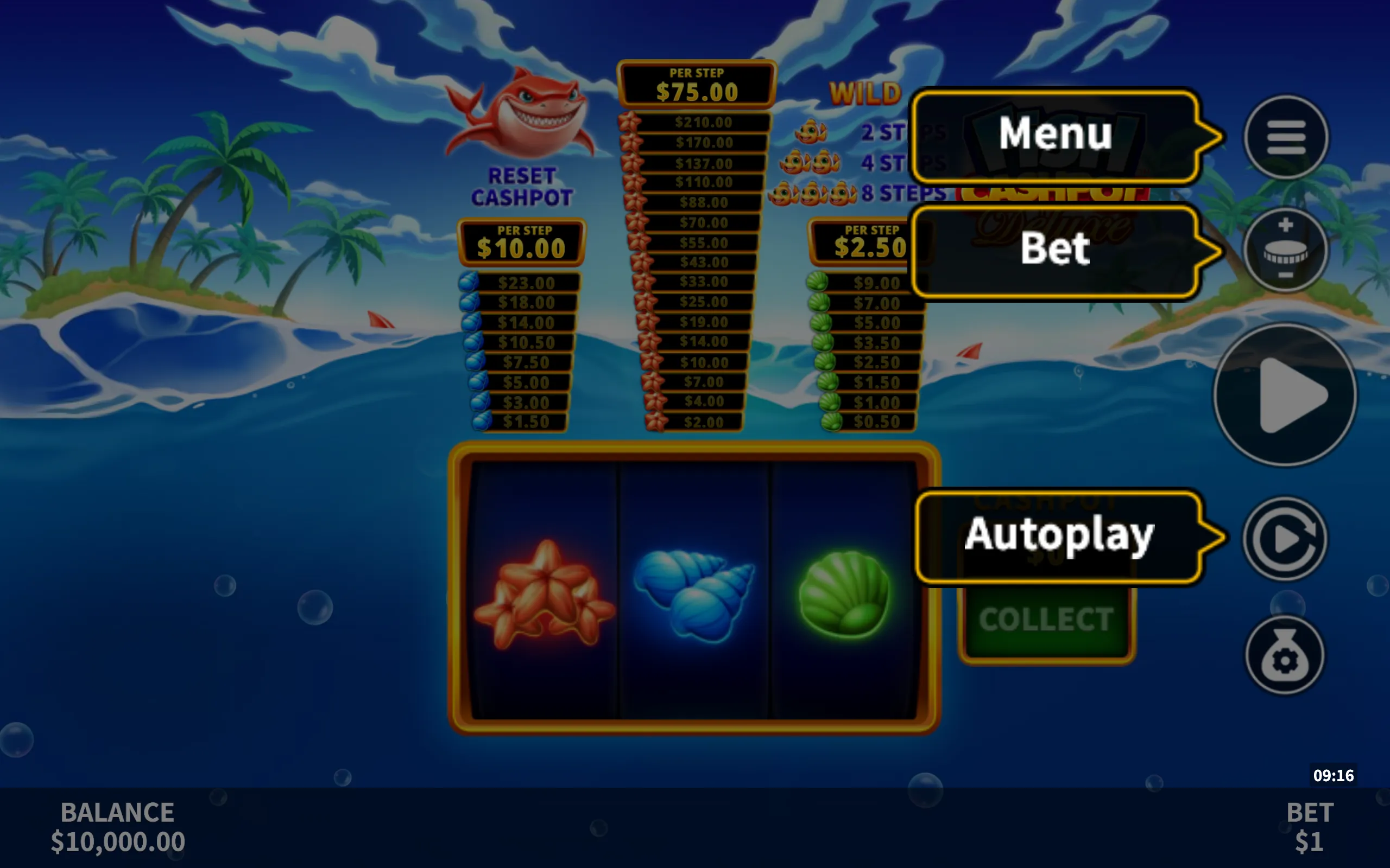 Fish Cashpot Deluxe symbol payouts on the game board