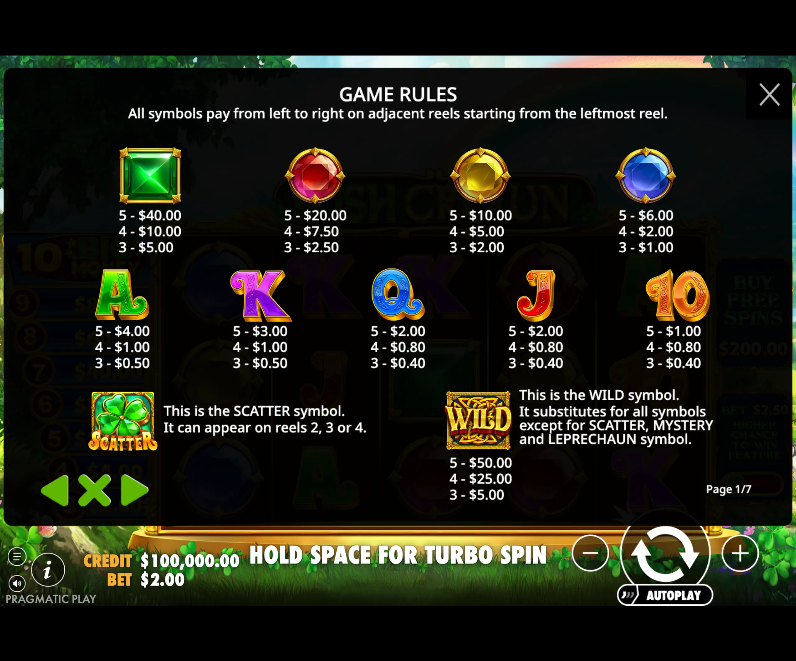 Payout table and game rules for the Irish Crown slot game showing gem symbols, card values, and special scatter and wild symbols with their respective payouts.
