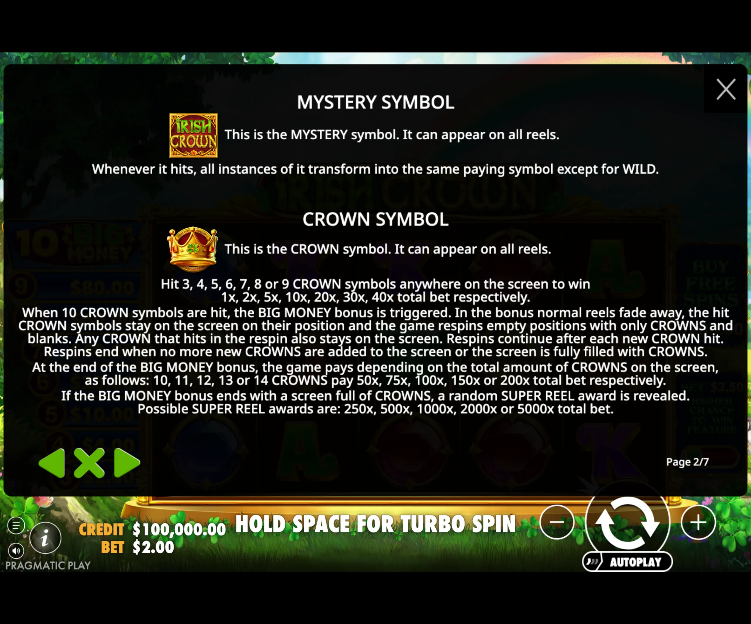 Irish Crown slot game instructions screen detailing the mystery symbol and crown symbol features, including bonus triggers and payout multipliers.