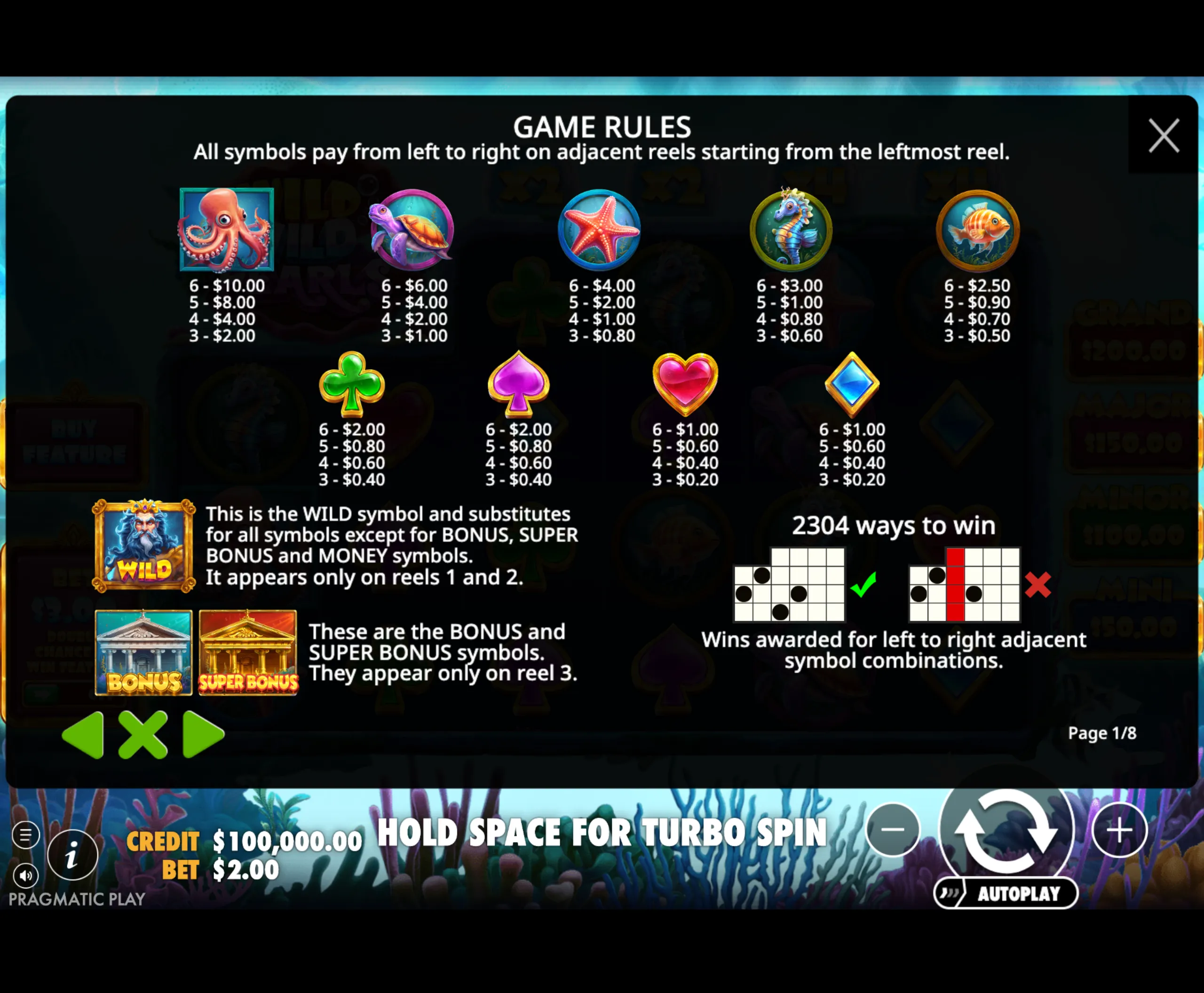 Wild Wild Pearls paytable page 1 with symbol payouts