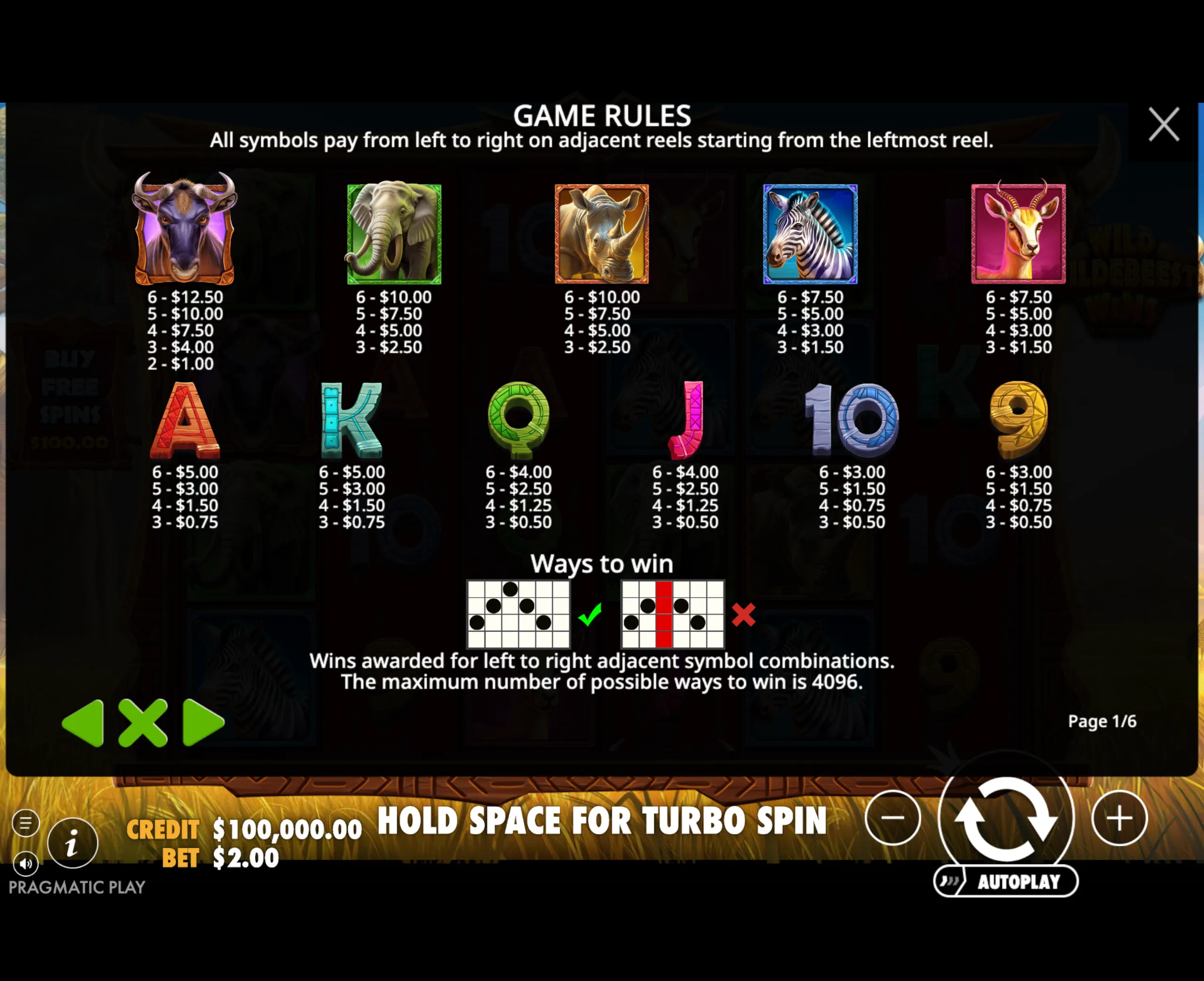 Game rules and payout table for Wild Wildebeest Wins slot showing animal symbols with corresponding payouts and ways to win explanation.
