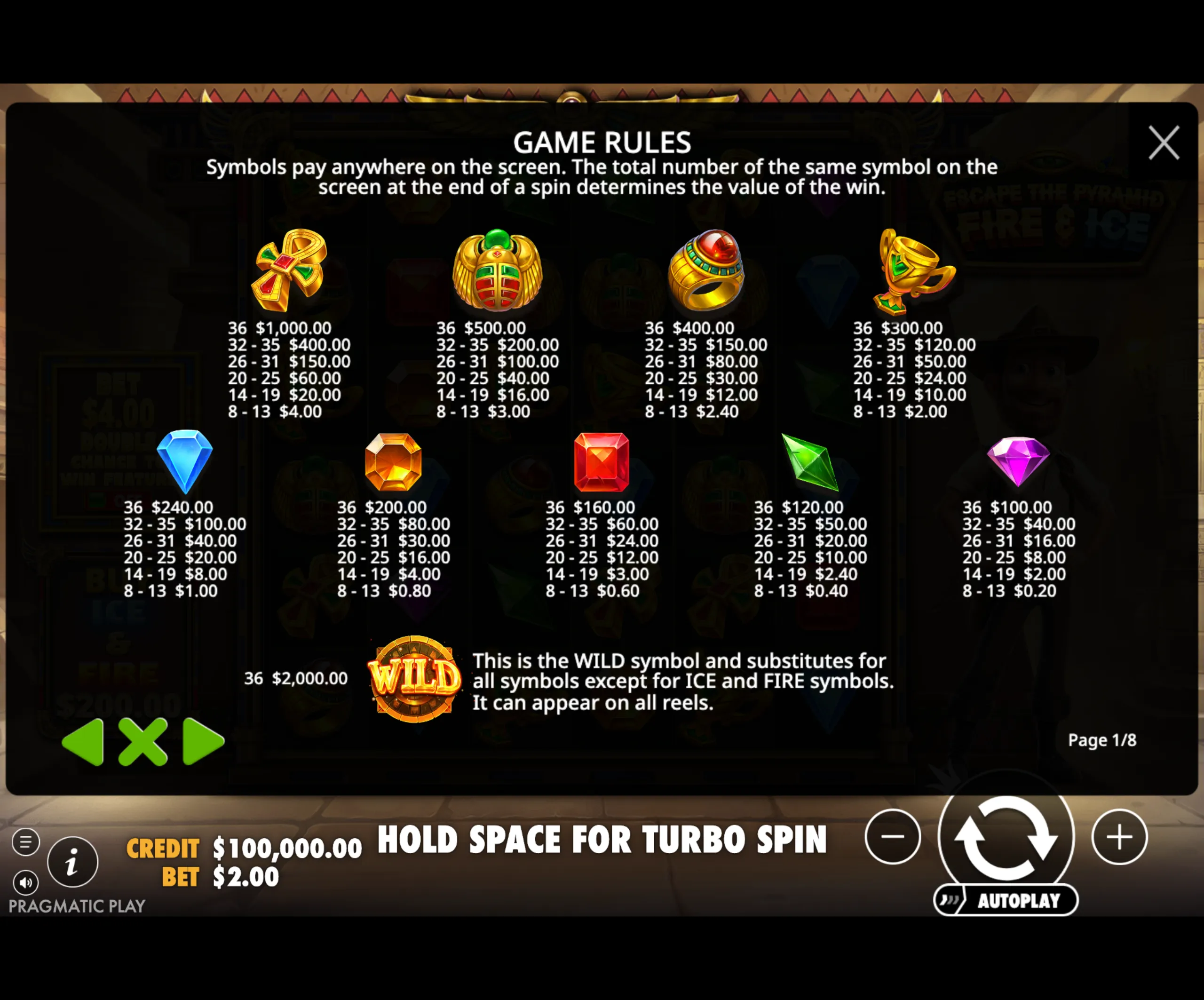 Game rules and payout values for symbols in Escape the Pyramid - Fire & Ice slot, featuring Egyptian-themed icons and gem symbols with a wild symbol explanation.