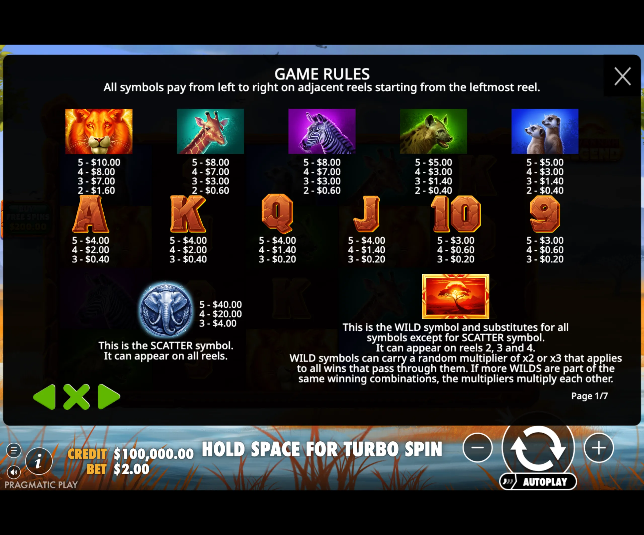 Savannah Legend slot game paytable showing animal symbols like lion, giraffe, zebra, hyena, meerkat, and card symbols with their payout values, along with scatter and wild symbol explanations.