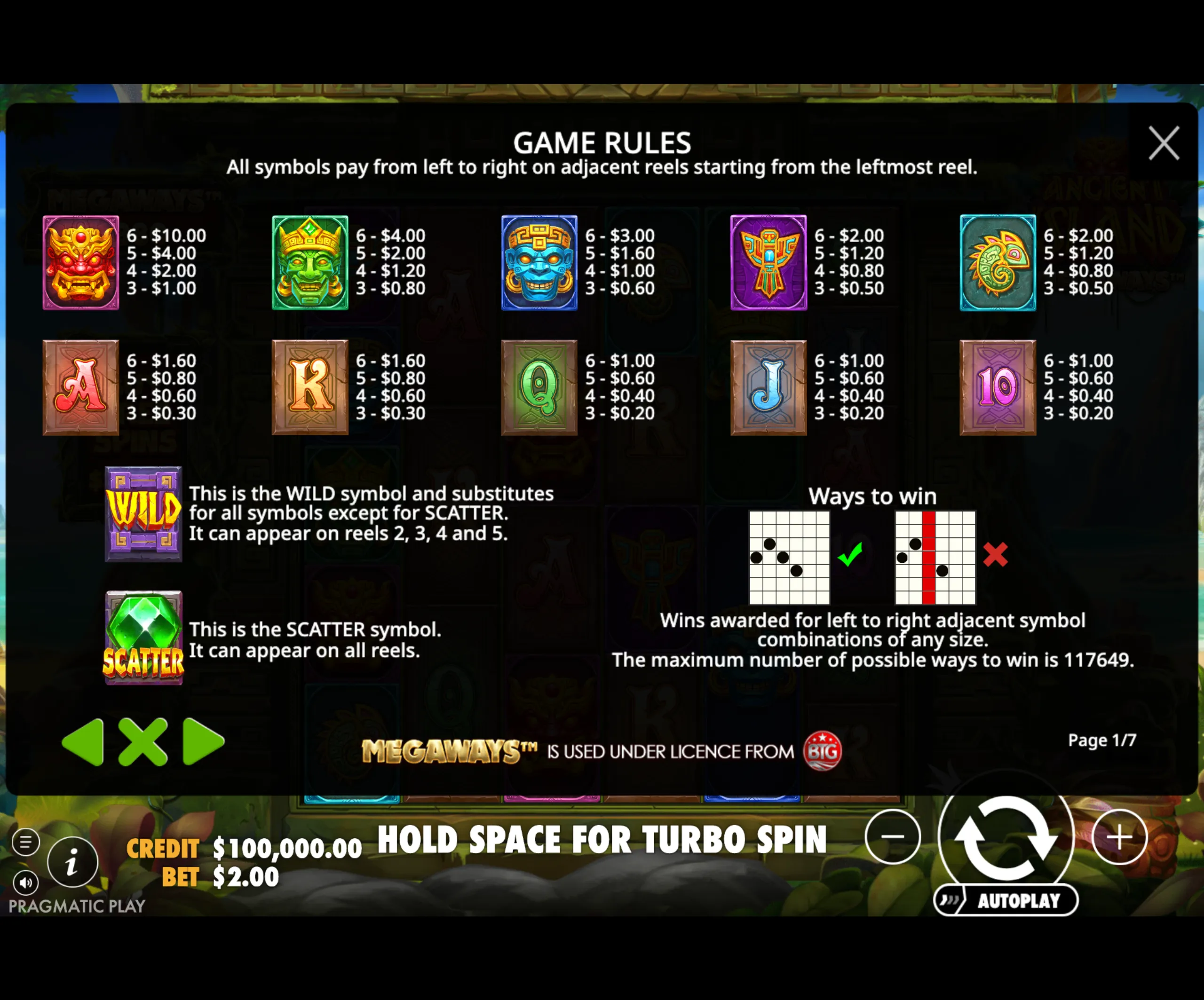 Ancient Island Megaways slot game paytable showing symbol payouts, wild and scatter descriptions, and ways to win explanation.