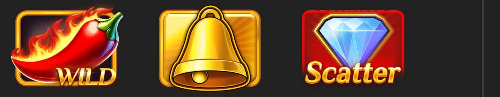 Hot Chilli Bells slot symbols featuring a flaming red chilli marked Wild, a golden bell, and a blue diamond marked Scatter.