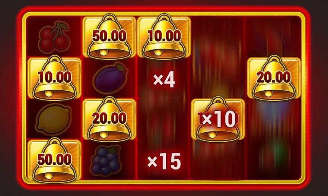 Hot Chilli Bells slot feature with golden bells marked 10.00, 20.00 and 50.00 alongside x4, x10 and x15 multipliers, framed by fruit symbols on a red-and-gold backdrop.