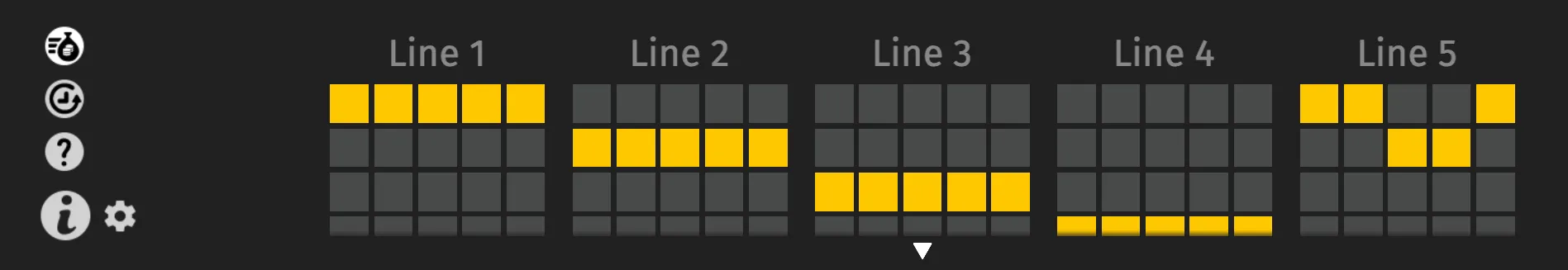 Dark payline guide for Hot Chilli Bells displaying five labeled reel paths, with yellow squares marking each route across a three-row grid.