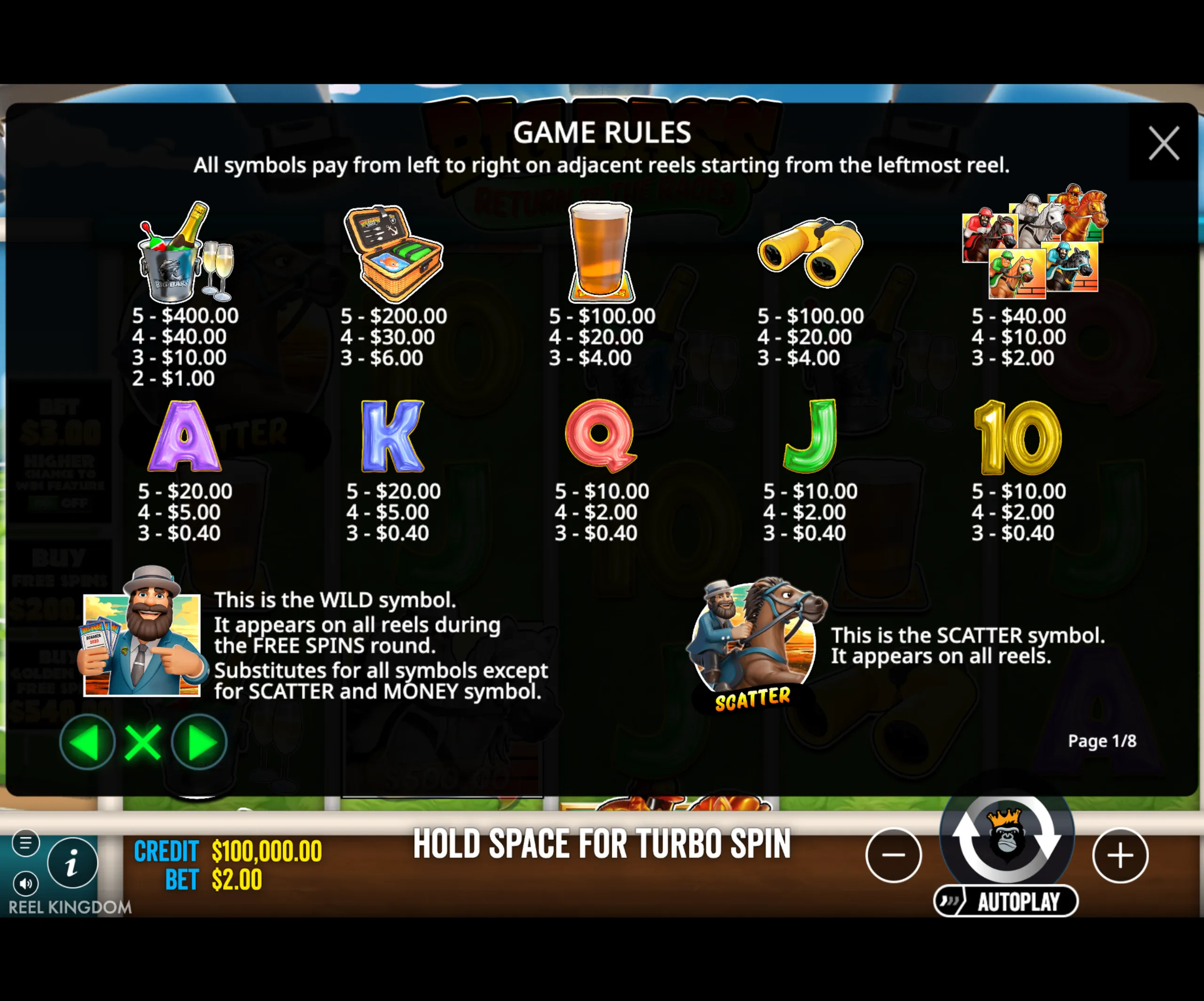 Payout table for Big Bass Return to the Races slot showing symbol values including champagne bucket, tackle box, beer, binoculars, jockeys on horses, and card symbols, plus explanations for wild and scatter symbols.