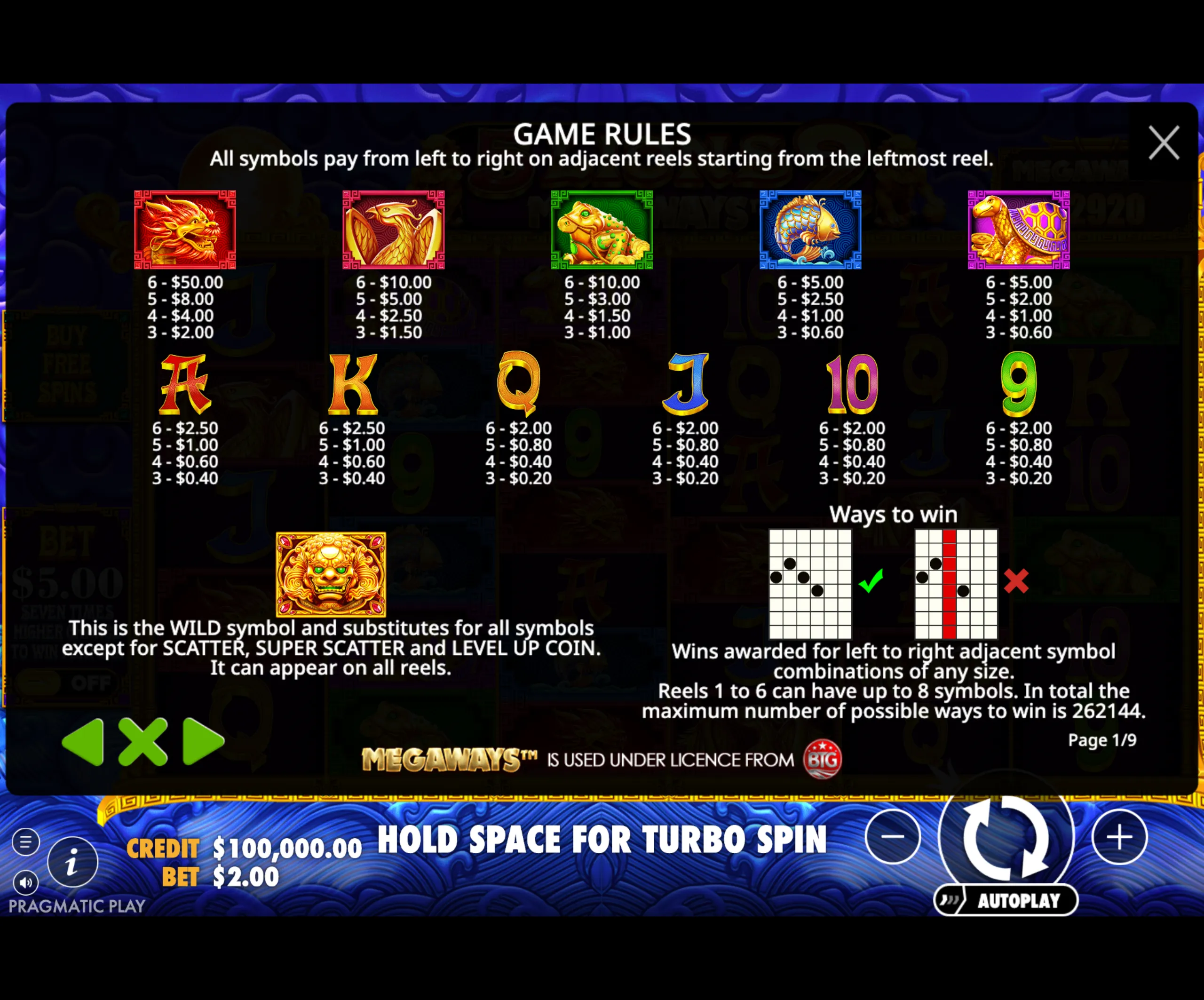 Game rules and paytable for 5 Lions Megaways 2 slot, showing symbol payouts, wild symbol info, and ways to win