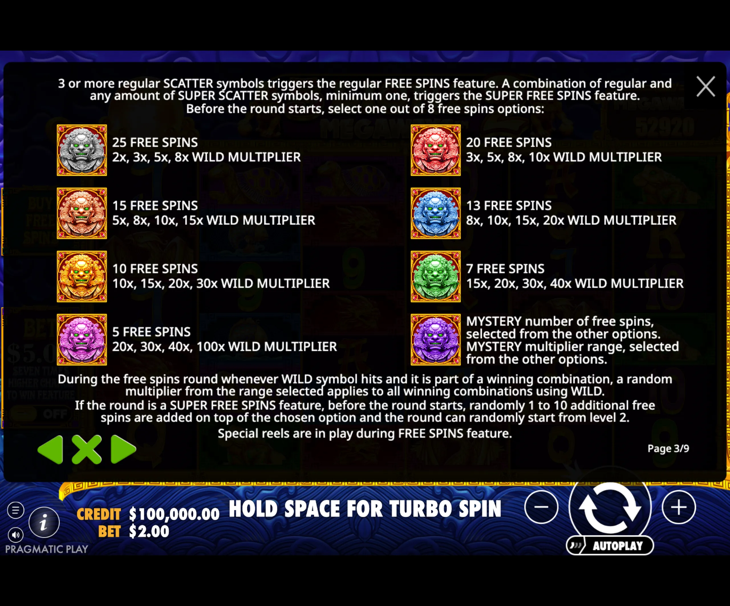 Detailed explanation of the free spins feature in 5 Lions Megaways 2, showing different lion symbols with associated free spins and wild multipliers.