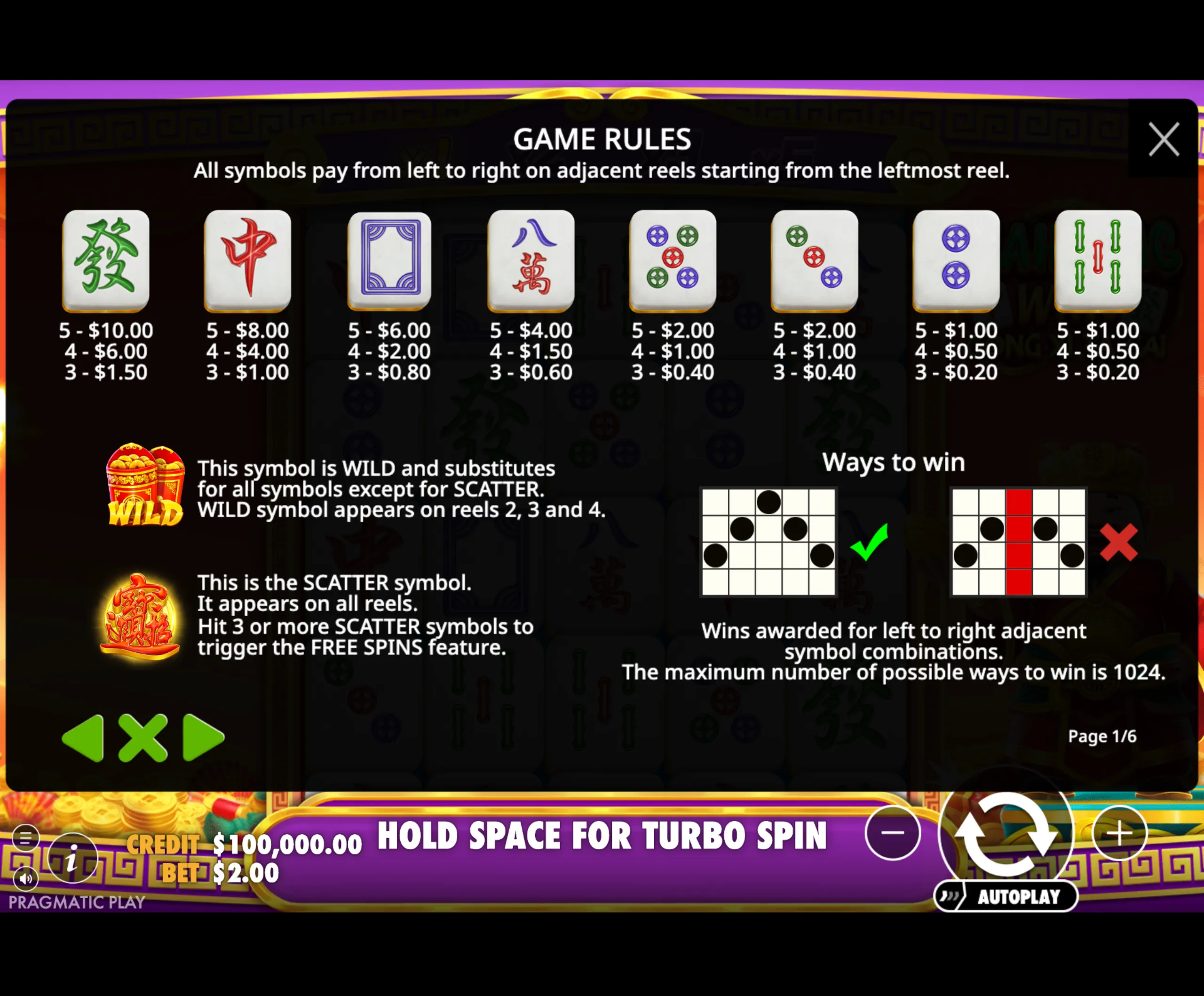 Mahjong Wins - Gong Xi Fa Cai paytable page 1 with symbol payouts