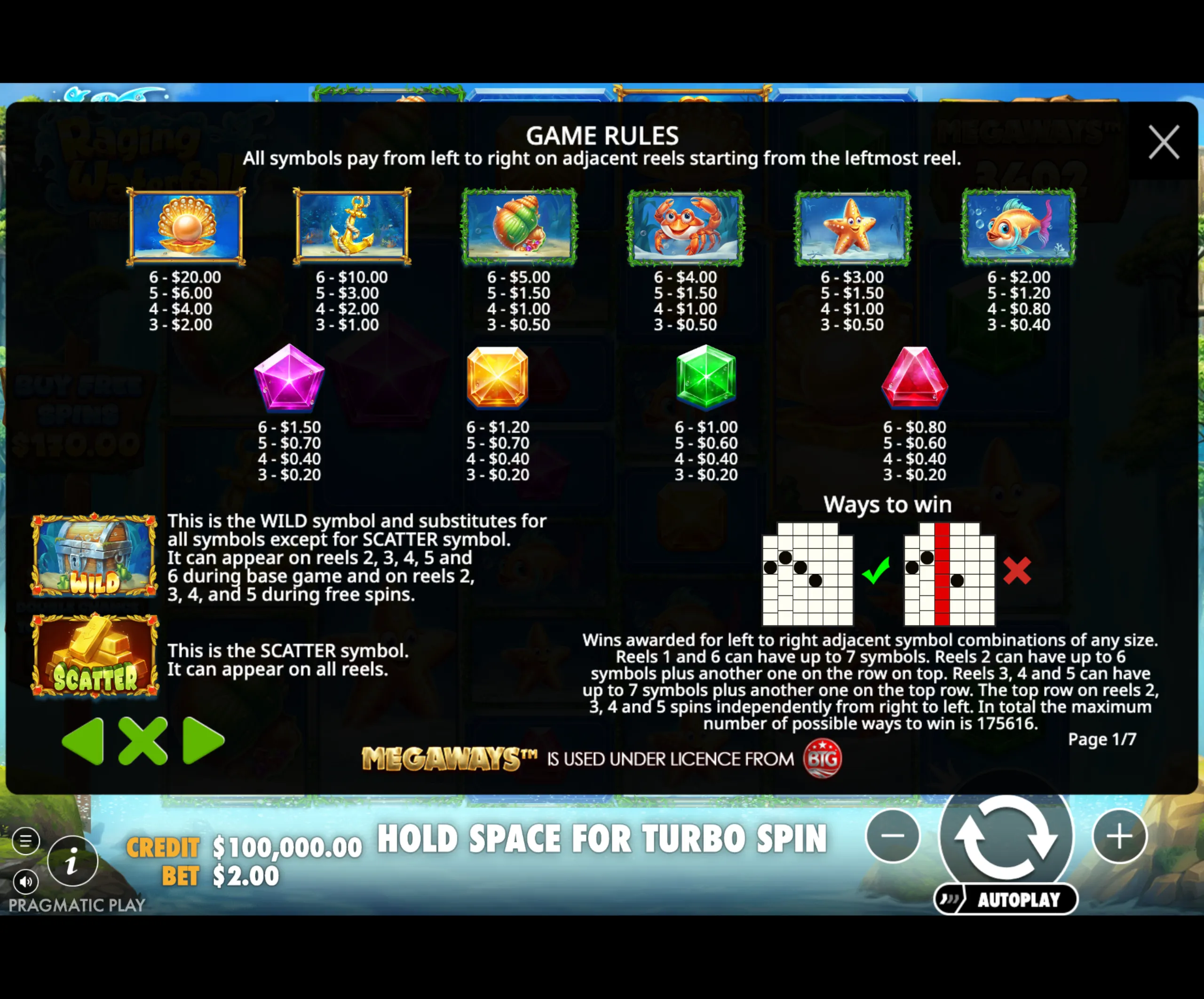 Raging Waterfall Megaways slot game paytable featuring underwater-themed symbols including a pearl shell, anchor, sea creatures, and colorful gems with payout values.