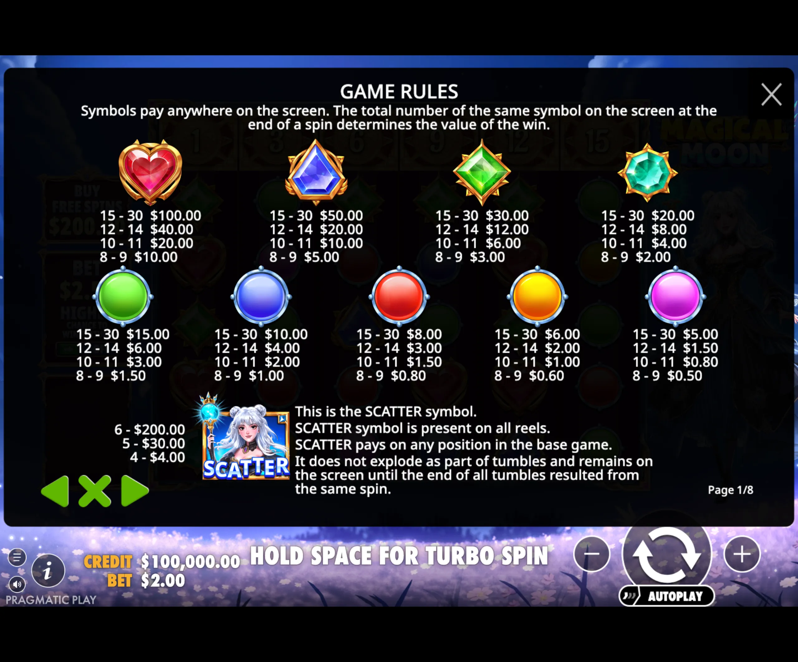 Magical Moon paytable page 1 with symbol payouts