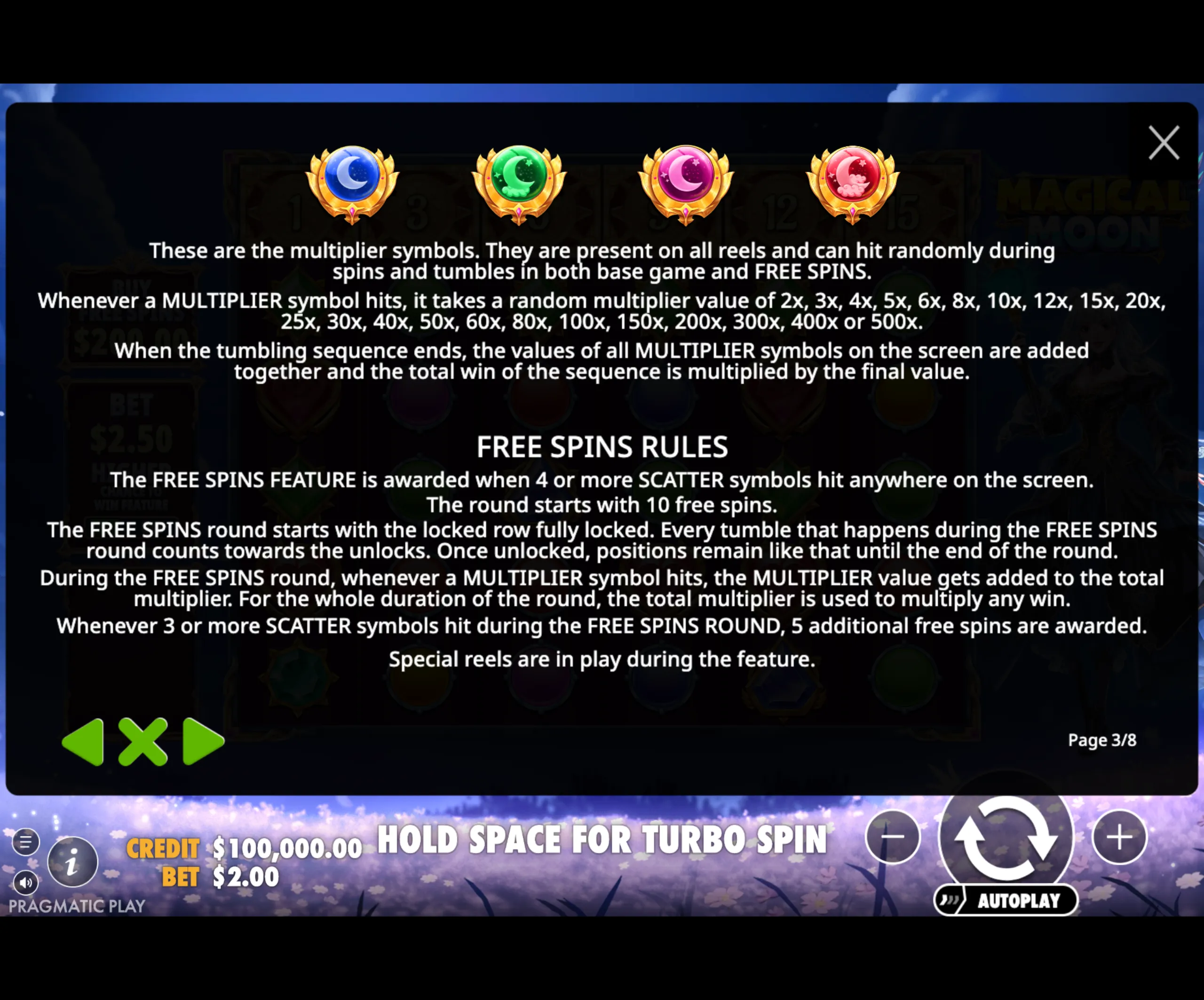 Magical Moon paytable page 2 with symbol payouts