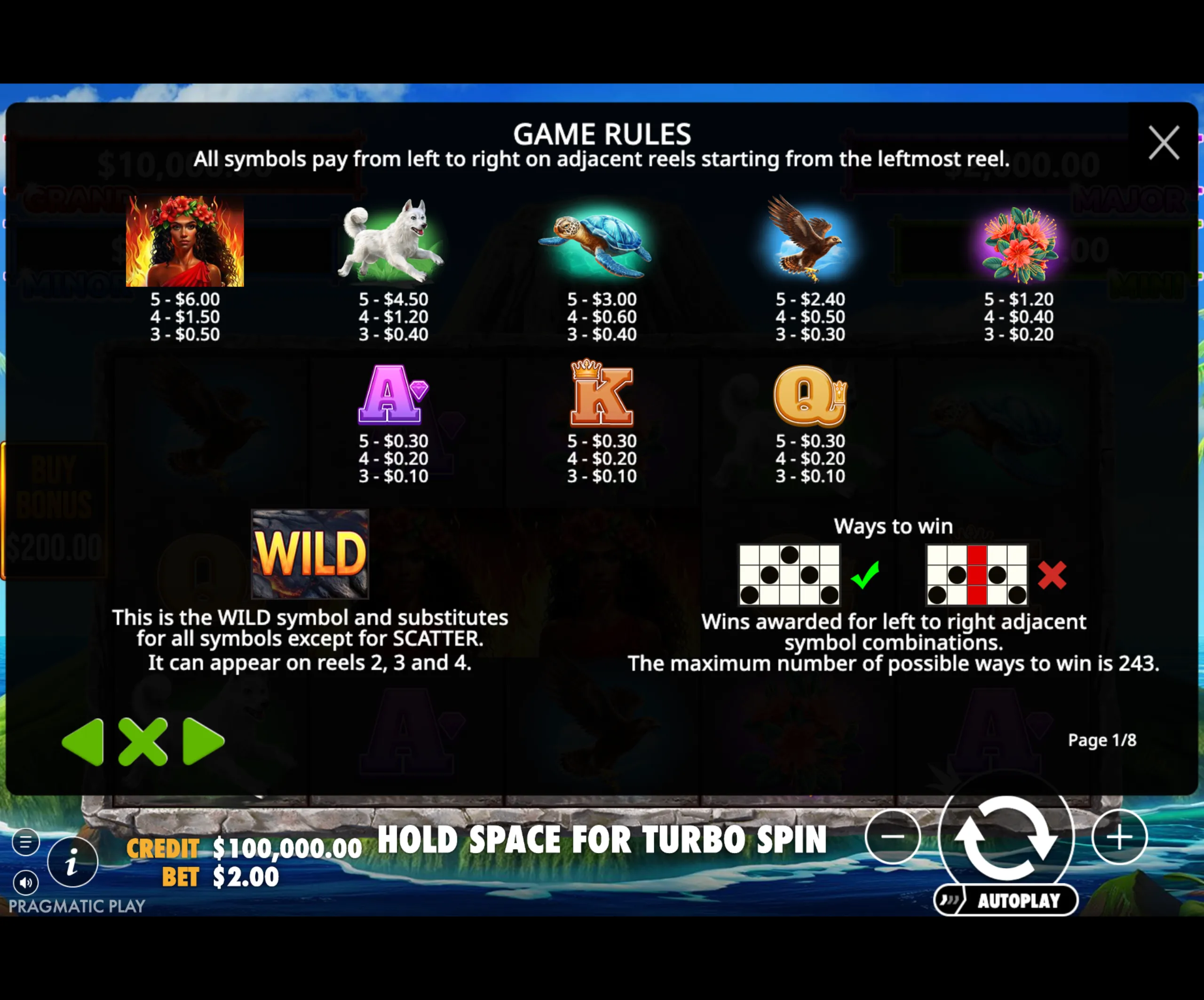 Volcano Goddess slot game paytable and rules screen showing symbol payouts, wild symbol, and ways to win.