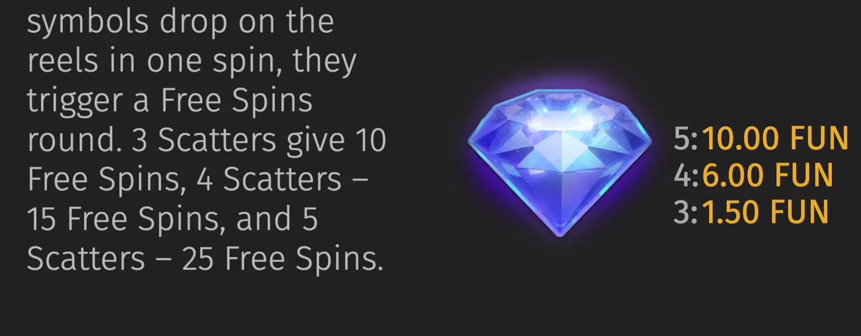 Promotional slot graphic featuring a glowing blue diamond beside Free Spins scatter requirements and FUN reward values on a dark background.