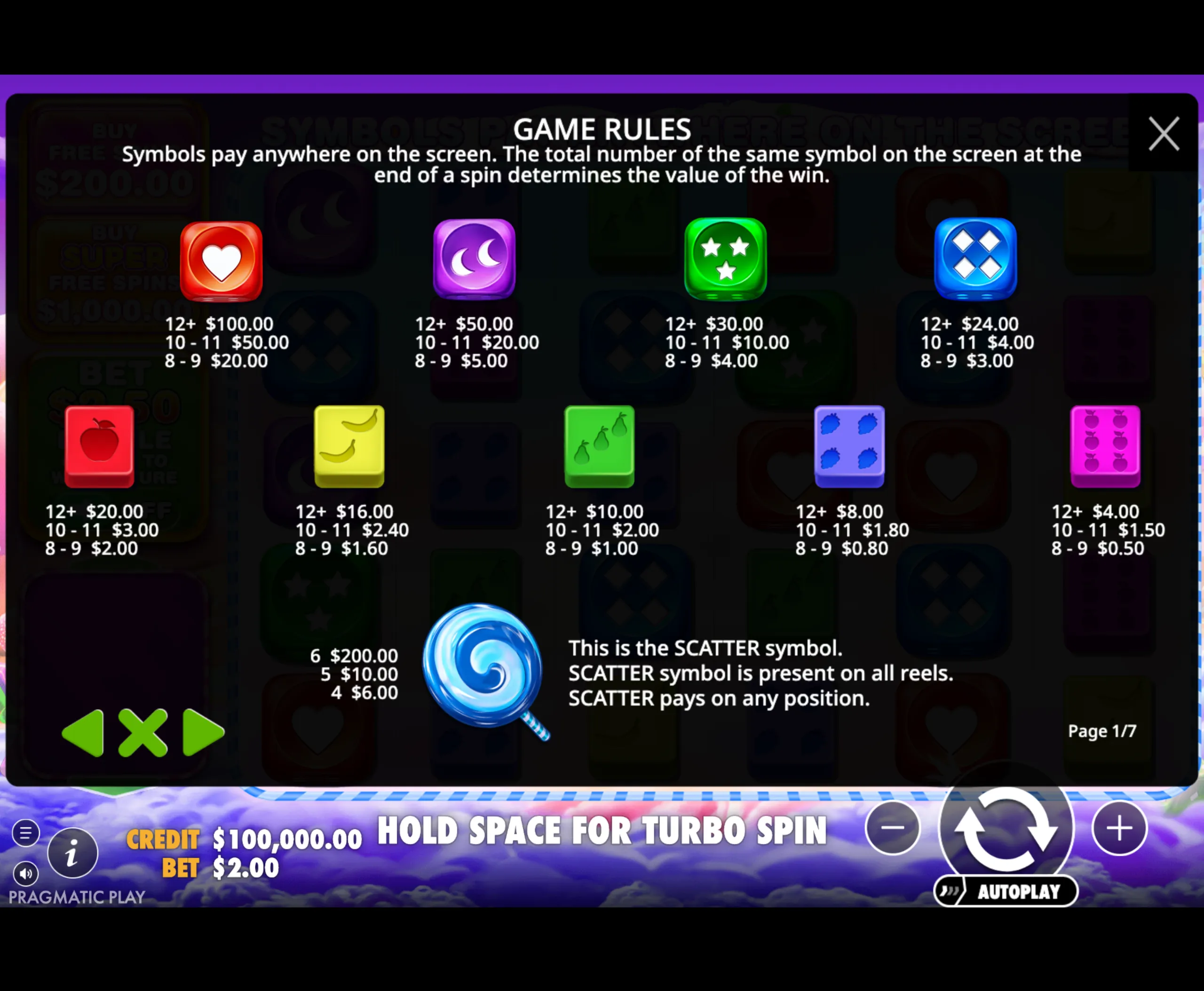Colorful dice symbols with various fruit and star icons display their payout values and game rules for Sweet Bonanza 1000 Dice slot game.