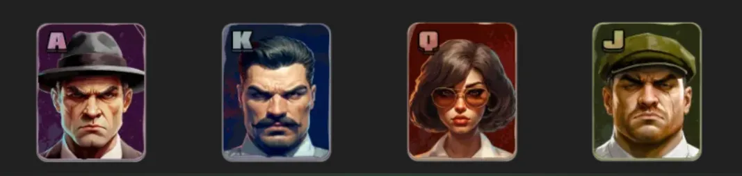 Four illustrated crime-themed characters appear as playing-card symbols: an A-suited gangster, K-marked mobster, Q-marked woman, and J-marked soldier.