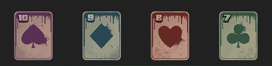 Vintage-style playing cards display purple spade, blue diamond, red heart, and green club symbols numbered 10 through 7 against a dark backdrop.