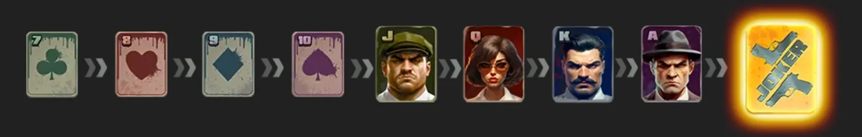 Wild Card Gang slot artwork featuring playing-card symbols, stern gangster portraits, and a glowing card marked with crossed guns.