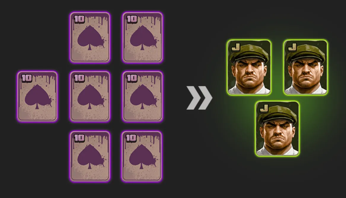 Seven purple 10-of-spades cards transform through a white arrow into three green-glowing gangster J symbols against a dark backdrop.