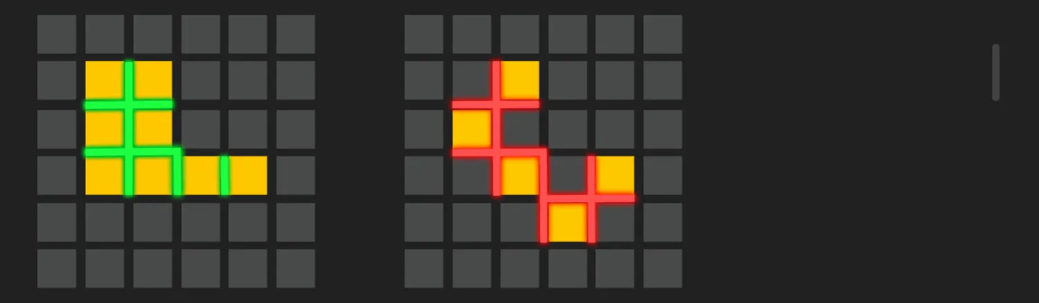 Dark slot interface featuring two six-by-six tile grids with bright yellow connected shapes outlined in neon green and red.