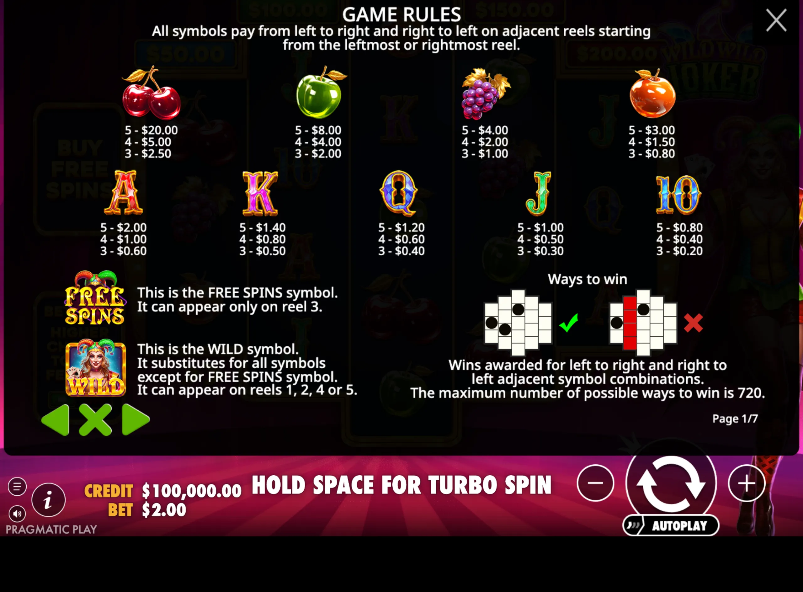 Wild Wild Joker slot game paytable and rules screen showing fruit symbols, card values, and special free spins and wild symbols with payout values.